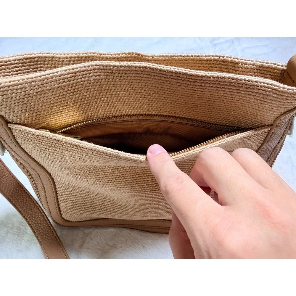Fossil Preston Straw Crossbody Bag Beige Leather Trim New with Tags